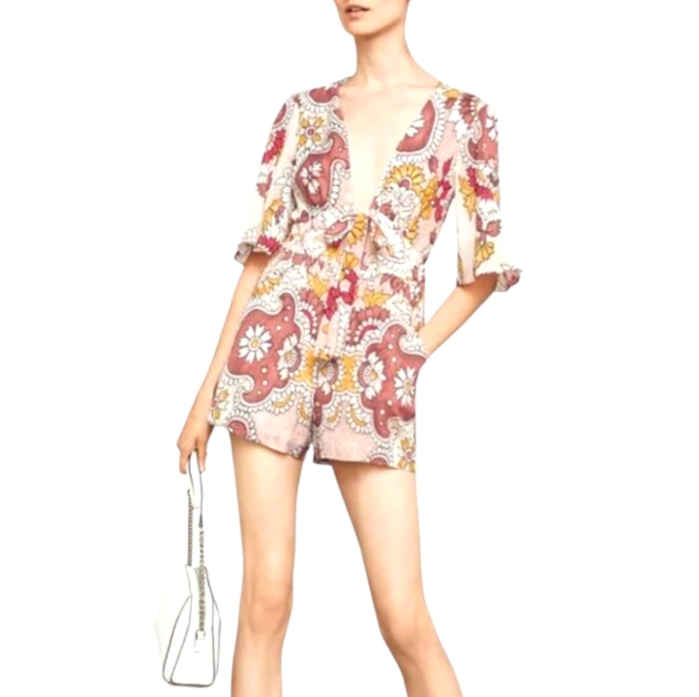 BCBGMAXAZRIA Ivy Grand Plunging Paisley-Print SILK Mini Romper V-neck Cutout SM
